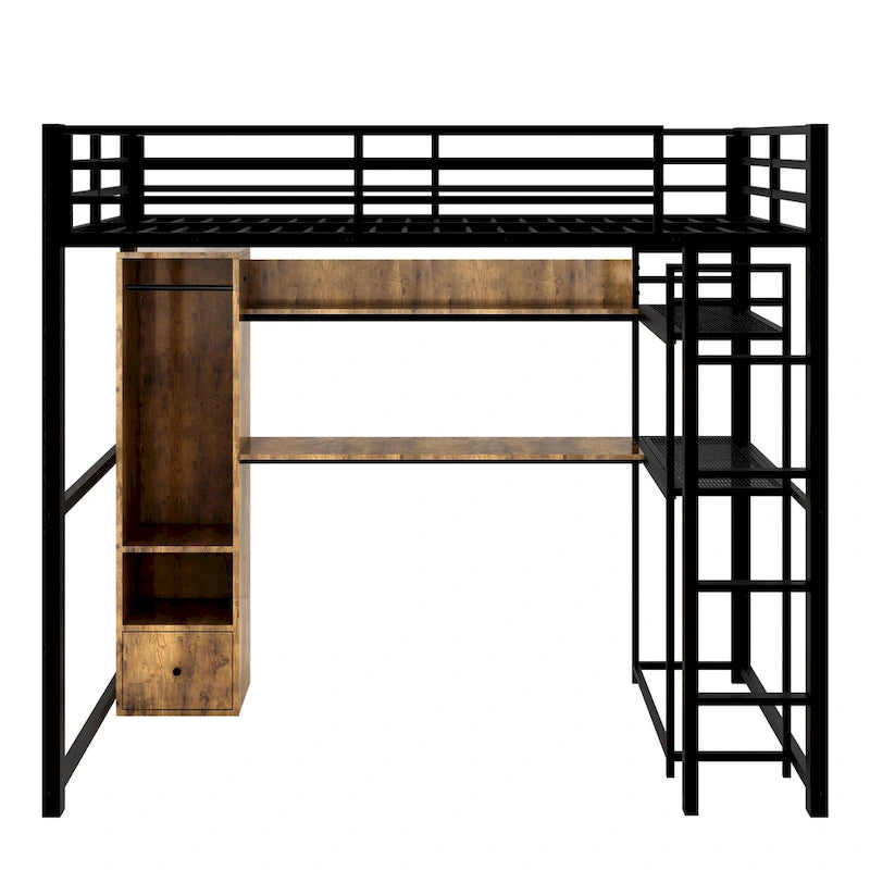 Black Full Size Metal Loft Bed with Wardrobe, Drawer, Desk and Shelves