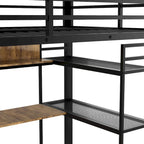 Black Full Size Metal Loft Bed with Wardrobe, Drawer, Desk and Shelves