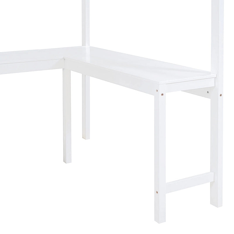 White Full Size Solid Wood Loft Bed with Desk and Shelf for Kids