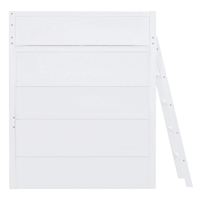 White Full Size Solid Wood Loft Bed with Desk and Storage Shelves