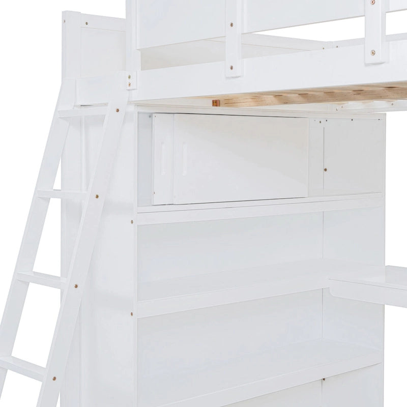 White Full Size Solid Wood Loft Bed with Desk and Storage Shelves
