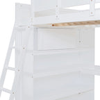 White Full Size Solid Wood Loft Bed with Desk and Storage Shelves