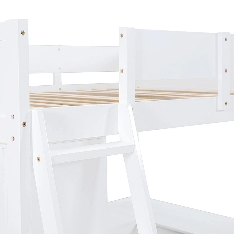 White Full Size Solid Wood Loft Bed with Desk and Storage Shelves