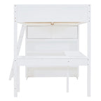 White Full Size Solid Wood Loft Bed with Desk and Storage Shelves