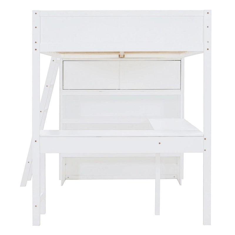 White Full Size Solid Wood Loft Bed with Desk and Storage Shelves