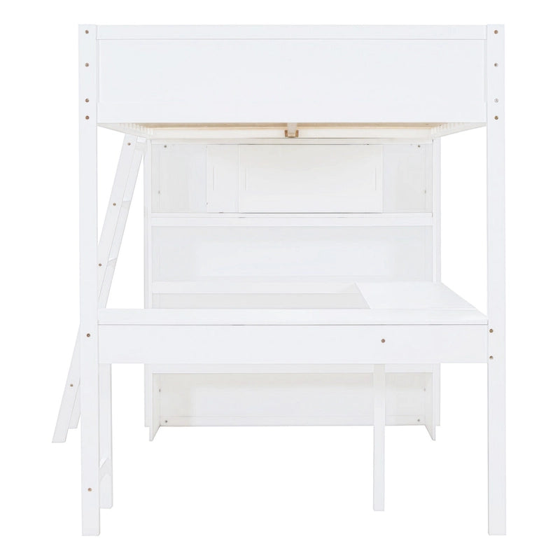 White Full Size Solid Wood Loft Bed with Desk and Storage Shelves