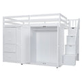 White Full Size Wood Loft Bed with Built-in Wardrobes and Cabinets