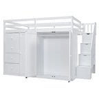 White Full Size Wood Loft Bed with Built-in Wardrobes and Cabinets