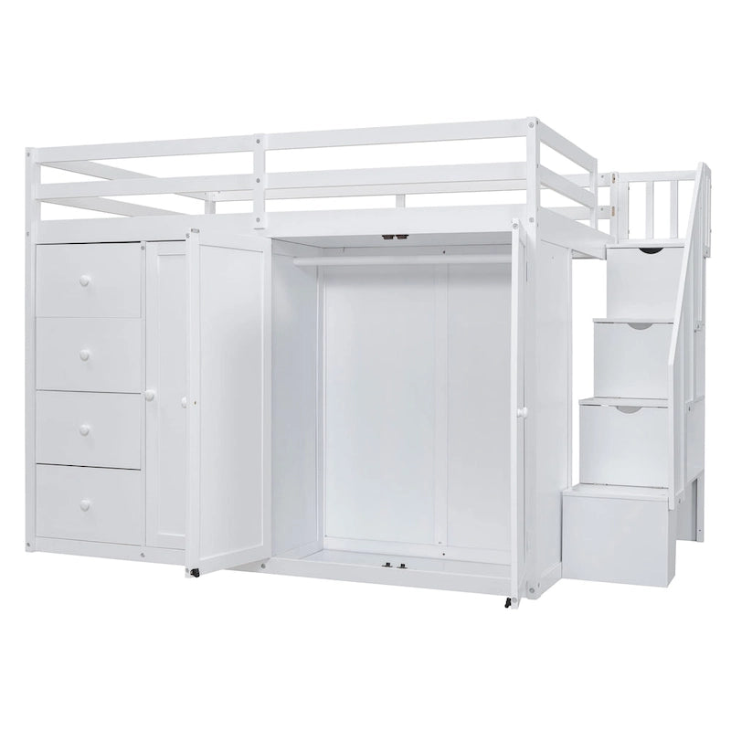 White Full Size Wood Loft Bed with Built-in Wardrobes and Cabinets