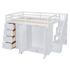 White Full Size Wood Loft Bed with Built-in Wardrobes, Cabinets and Storage Staircase