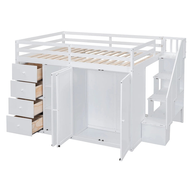 White Full Size Wood Loft Bed with Built-in Wardrobes, Cabinets and Storage Staircase