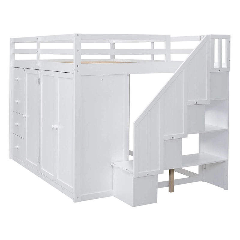 White Full Size Wood Loft Bed with Built-in Wardrobes, Cabinets and Storage Staircase
