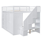White Full Size Wood Loft Bed with Built-in Wardrobes, Cabinets and Storage Staircase