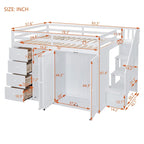 White Full Size Wood Loft Bed with Built-in Wardrobes, Cabinets and Storage Staircase