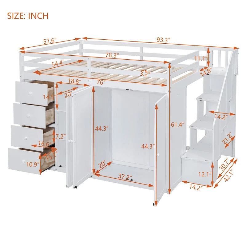 White Full Size Wood Loft Bed with Built-in Wardrobes, Cabinets and Storage Staircase