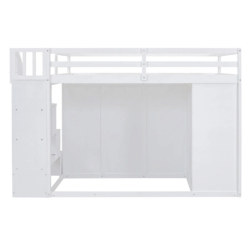 White Full Size Wood Loft Bed with Built-in Wardrobes, Cabinets and Storage Staircase