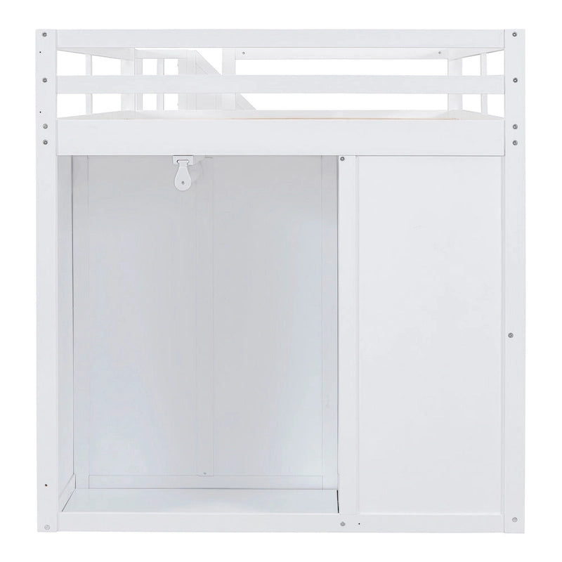 White Full Size Wood Loft Bed with Built-in Wardrobes, Cabinets and Storage Staircase