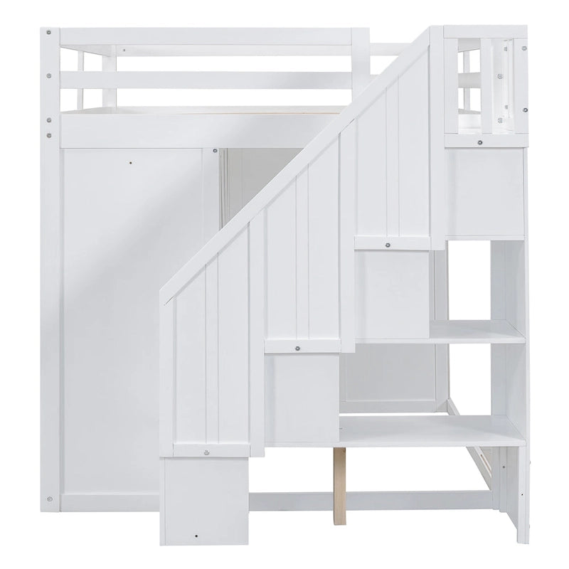 White Full Size Wood Loft Bed with Built-in Wardrobes, Cabinets and Storage Staircase