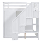 White Full Size Wood Loft Bed with Built-in Wardrobes, Cabinets and Storage Staircase