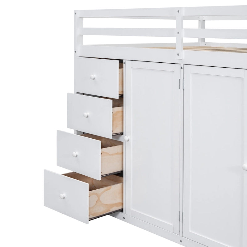 White Full Size Wood Loft Bed with Built-in Wardrobes, Cabinets and Storage Staircase