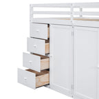 White Full Size Wood Loft Bed with Built-in Wardrobes, Cabinets and Storage Staircase