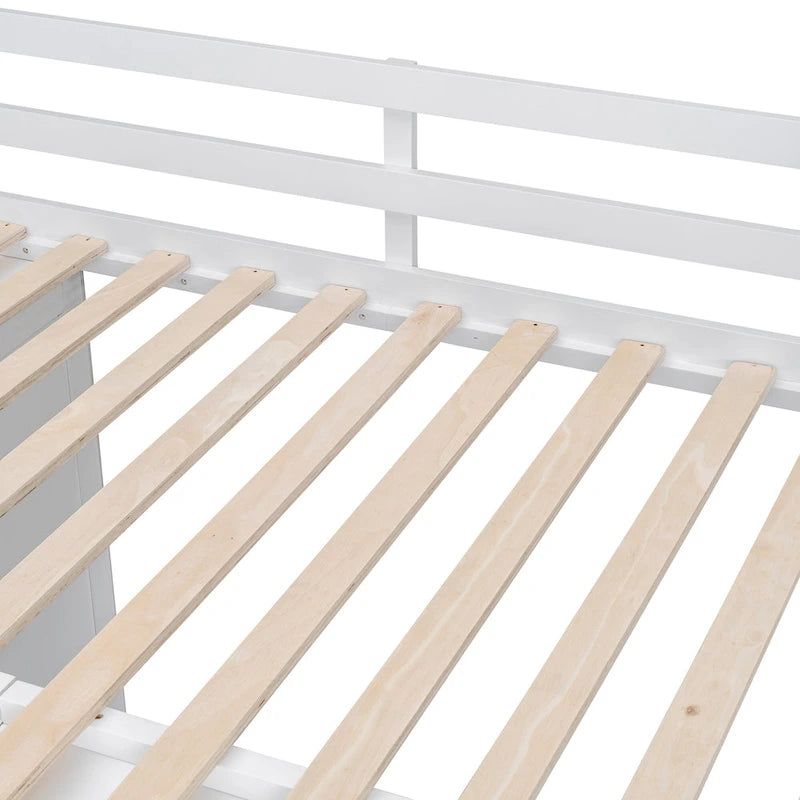 White Full Size Wood Loft Bed with Built-in Wardrobes, Cabinets and Storage Staircase