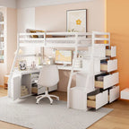 White Full Size Wood Loft Bed with 7 Drawers, 2 Shelves, Desk and Ladder