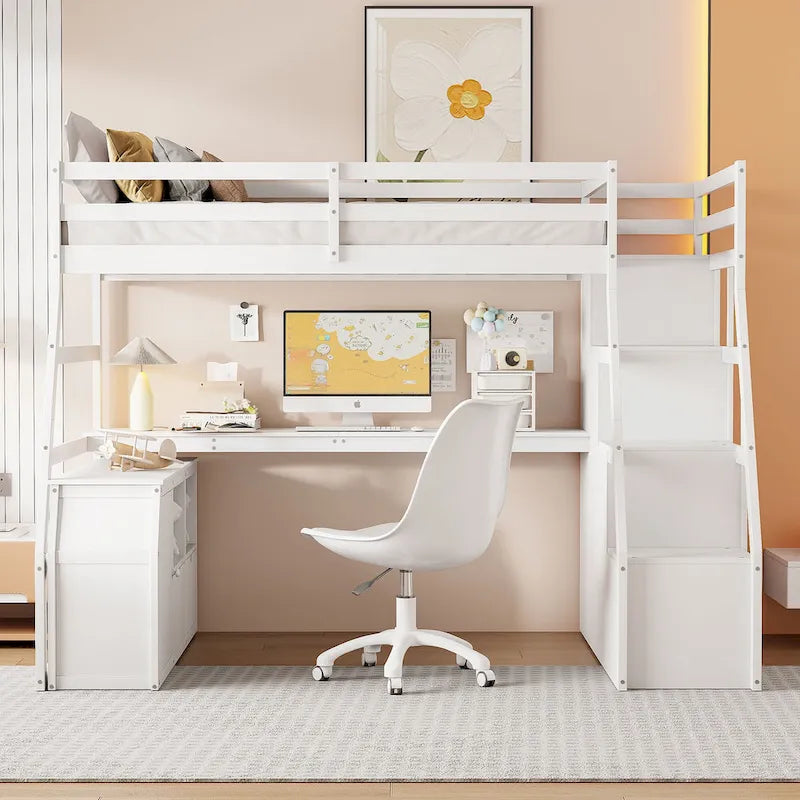 White Full Size Wood Loft Bed with 7 Drawers, 2 Shelves, Desk and Ladder