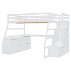 White Full Size Wood Loft Bed with 7 Drawers, 2 Shelves, Desk and Ladder