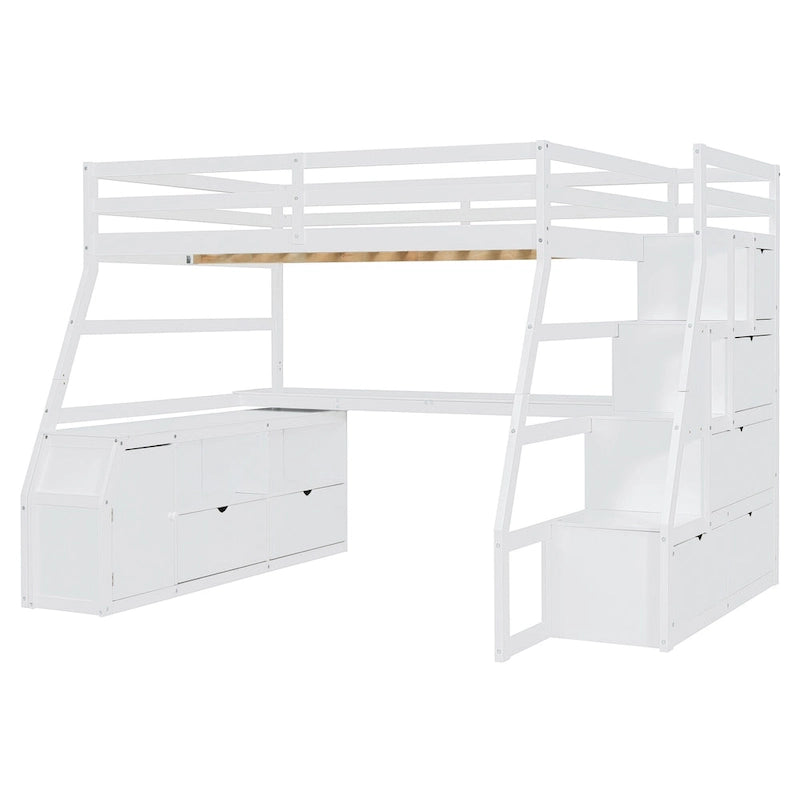 White Full Size Wood Loft Bed with 7 Drawers, 2 Shelves, Desk and Ladder