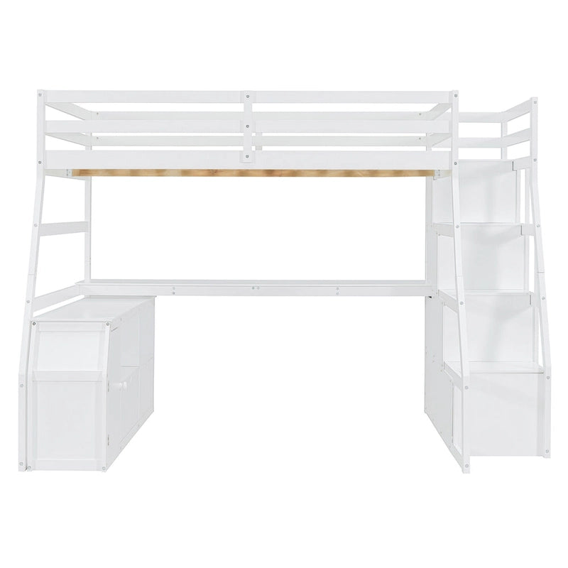 White Full Size Wood Loft Bed with 7 Drawers, 2 Shelves, Desk and Ladder