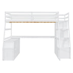 White Full Size Wood Loft Bed with 7 Drawers, 2 Shelves, Desk and Ladder