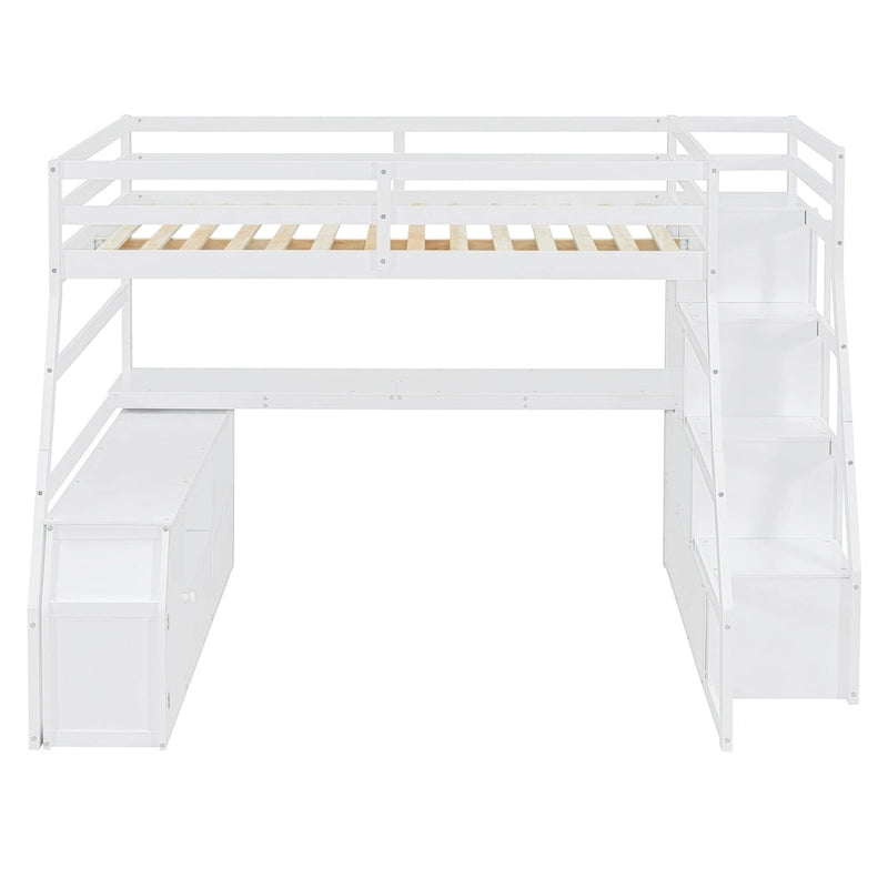 White Full Size Wood Loft Bed with 7 Drawers, 2 Shelves, Desk and Ladder