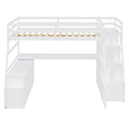 White Full Size Wood Loft Bed with 7 Drawers, 2 Shelves, Desk and Ladder