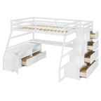 White Full Size Wood Loft Bed with 7 Drawers, 2 Shelves, Desk and Ladder