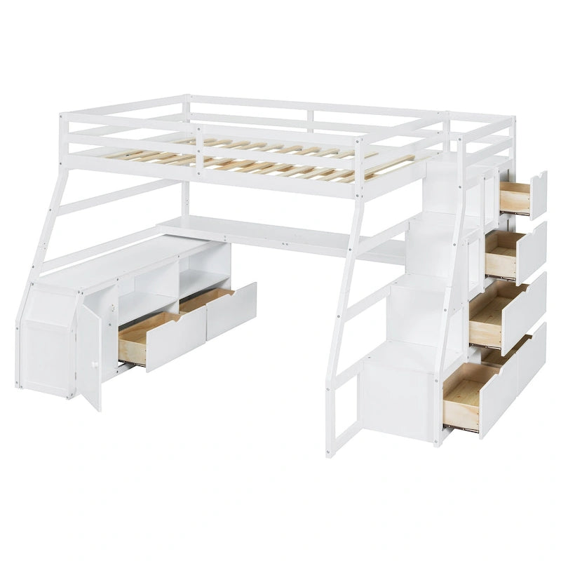 White Full Size Wood Loft Bed with 7 Drawers, 2 Shelves, Desk and Ladder