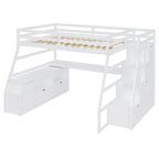 White Full Size Wood Loft Bed with 7 Drawers, 2 Shelves, Desk and Ladder