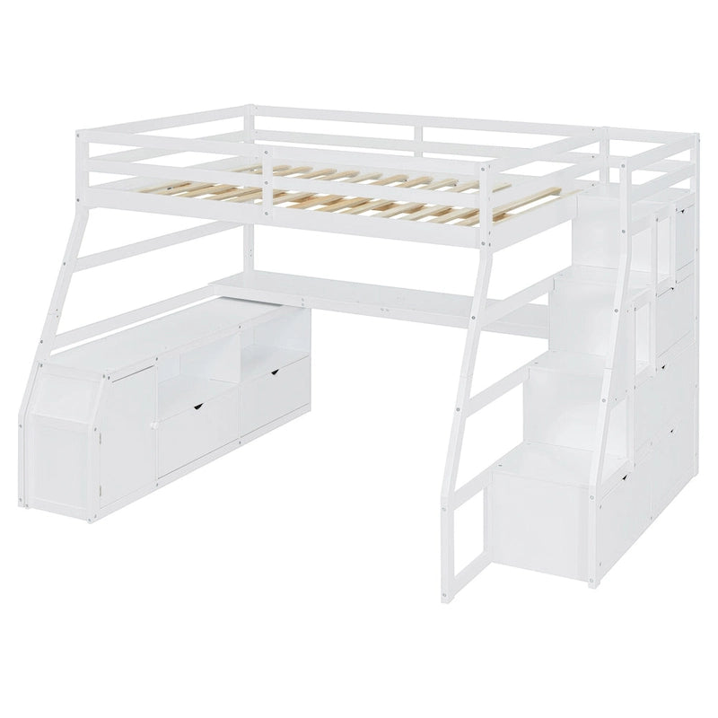 White Full Size Wood Loft Bed with 7 Drawers, 2 Shelves, Desk and Ladder