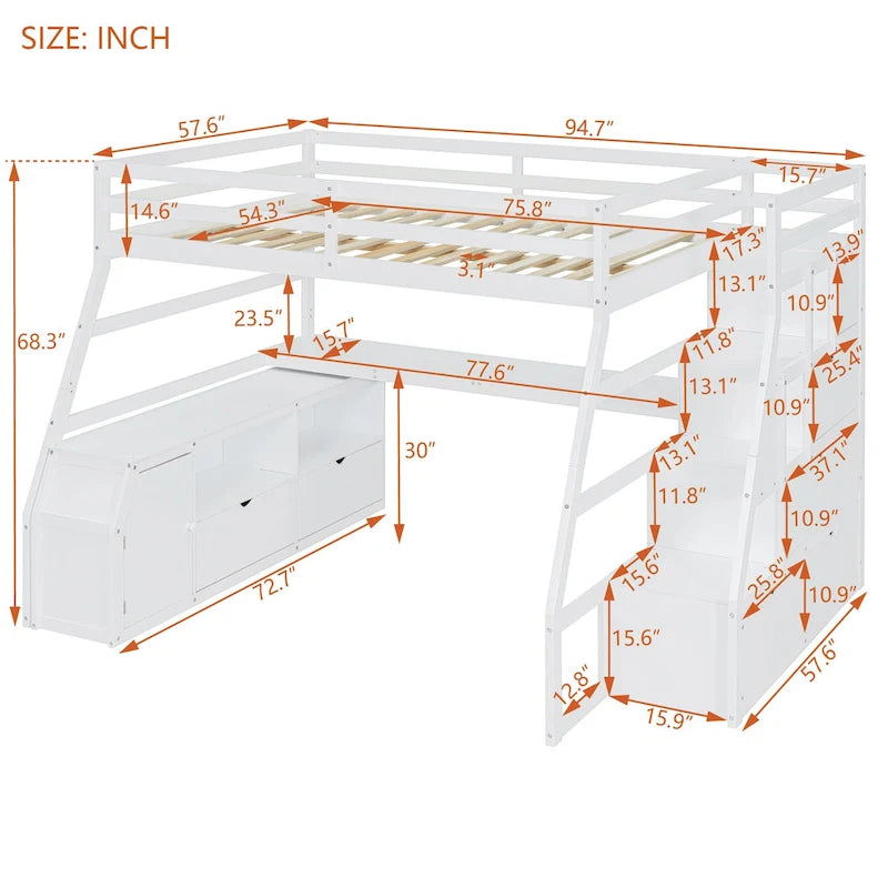 White Full Size Wood Loft Bed with 7 Drawers, 2 Shelves, Desk and Ladder