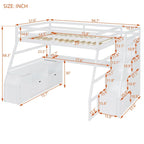 White Full Size Wood Loft Bed with 7 Drawers, 2 Shelves, Desk and Ladder