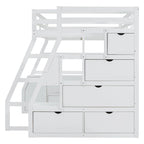 White Full Size Wood Loft Bed with 7 Drawers, 2 Shelves, Desk and Ladder