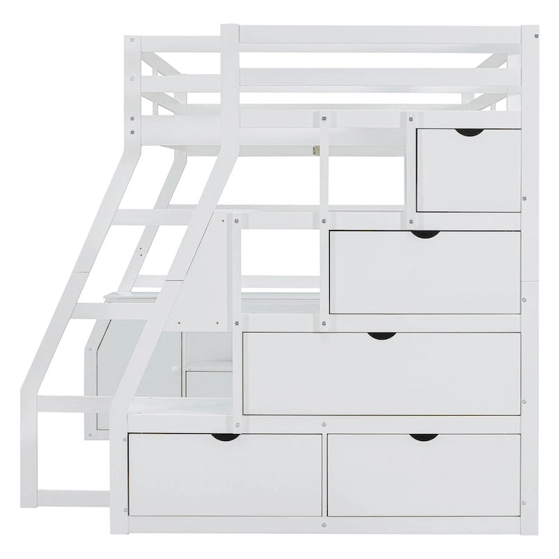 White Full Size Wood Loft Bed with 7 Drawers, 2 Shelves, Desk and Ladder