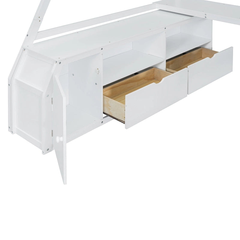 White Full Size Wood Loft Bed with 7 Drawers, 2 Shelves, Desk and Ladder
