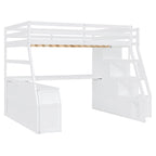 White Full Size Wood Loft Bed with 7 Drawers, 2 Shelves, Desk and Ladder