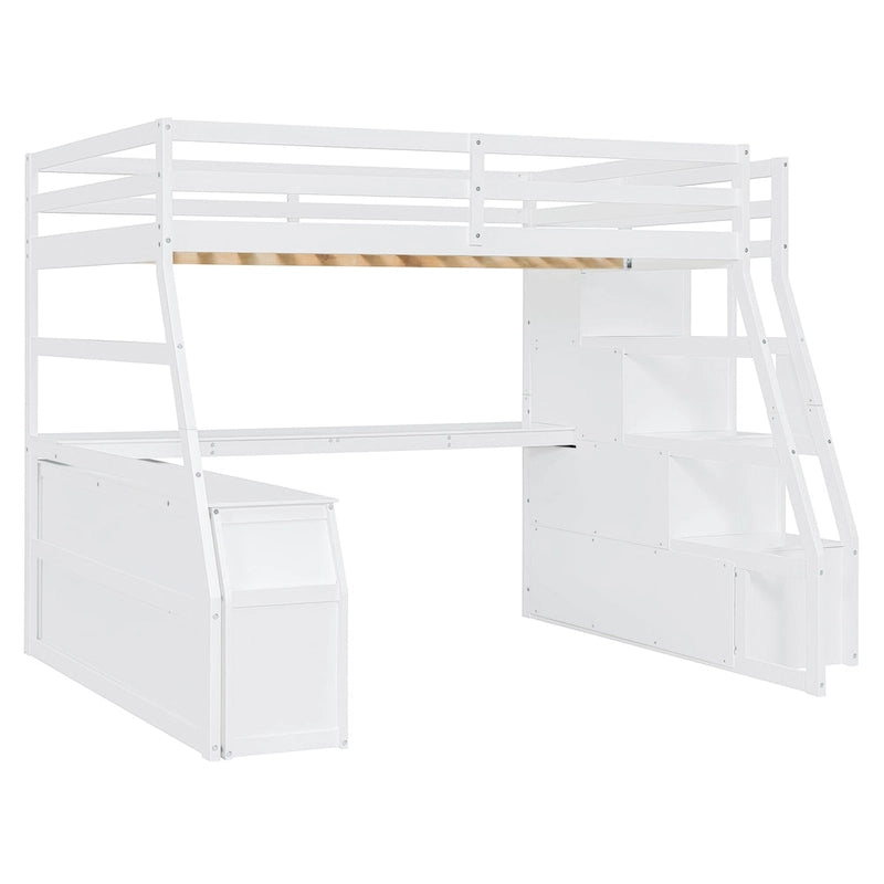 White Full Size Wood Loft Bed with 7 Drawers, 2 Shelves, Desk and Ladder