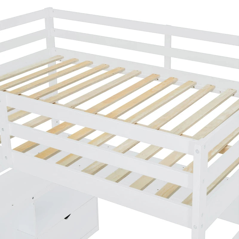White Full Size Wood Loft Bed with 7 Drawers, 2 Shelves, Desk and Ladder