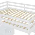 White Full Size Wood Loft Bed with 7 Drawers, 2 Shelves, Desk and Ladder