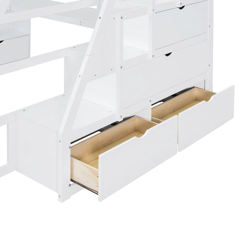 White Full Size Wood Loft Bed with 7 Drawers, 2 Shelves, Desk and Ladder