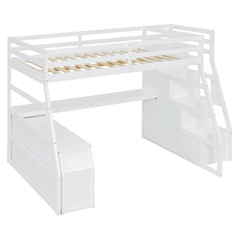 White Full Size Wood Loft Bed with 7 Drawers, 2 Shelves, Desk and Ladder