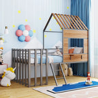 Silver Twin Size Metal House Loft Bed with Roof, Window, Guardrail and Ladder